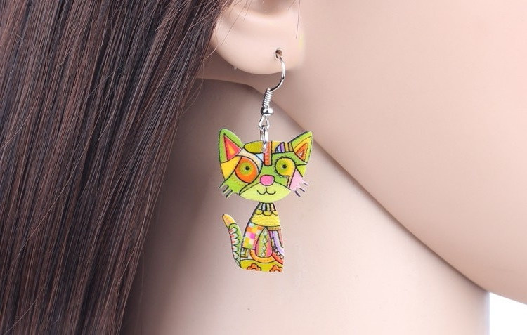 Cat Acrylic Drop-Earrings Green - Image 3