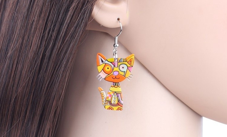 Cat Acrylic Drop-Earrings Yellow - Image 3