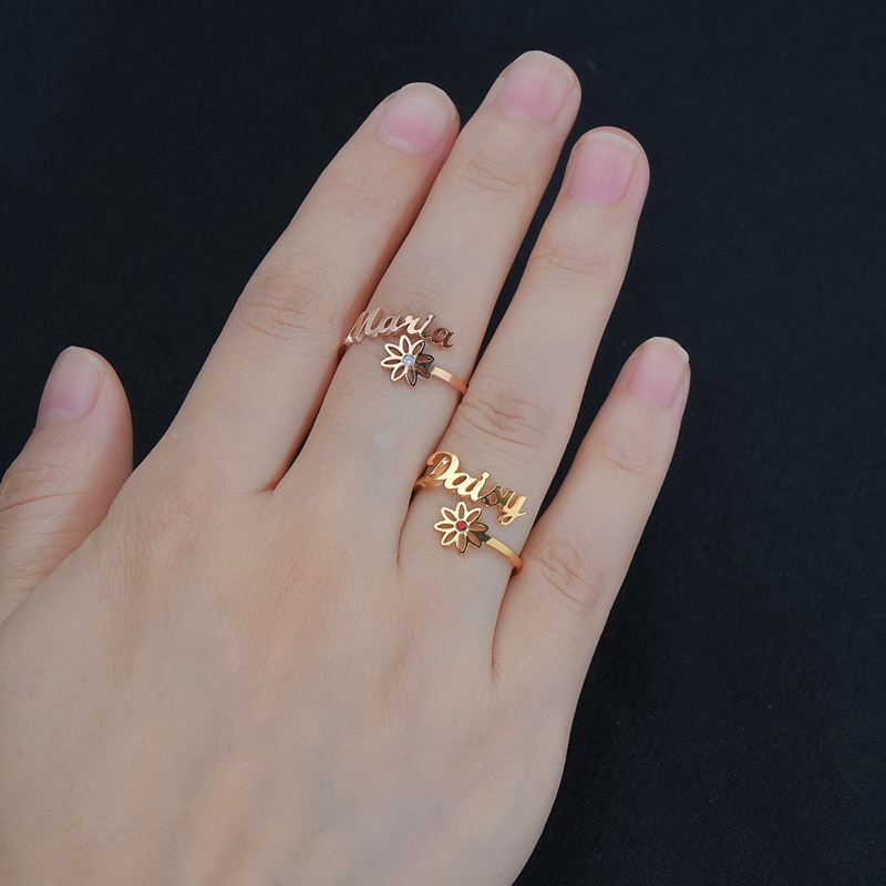 Personalised Name with Birthstones Flower Ring - Image 4